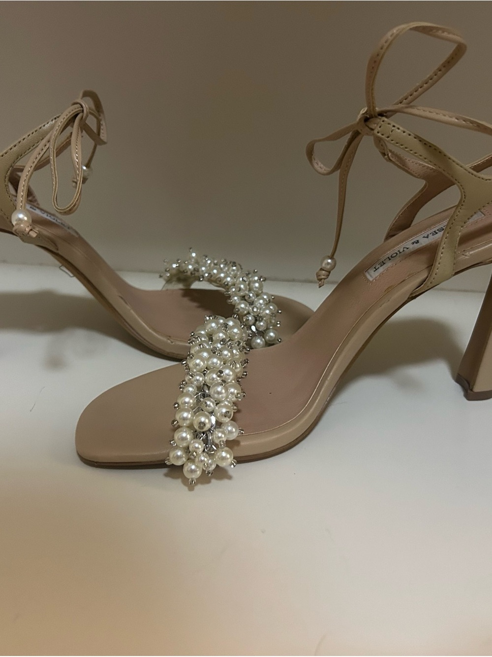 NEVER WORN! Nude Pearl-Embellished Ankle Tie Heels